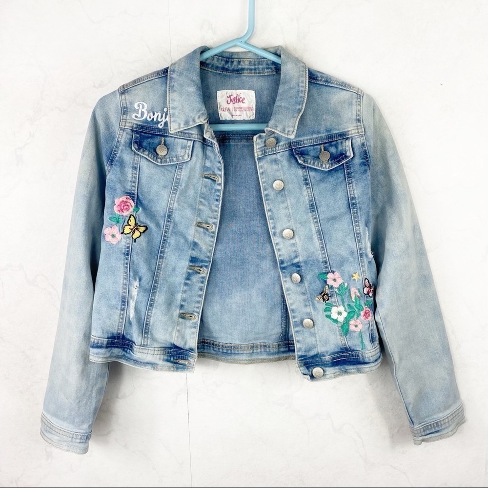 [Justice] Light Wash Embroidered Denim Jacket